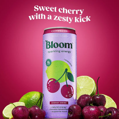 Bloom Sparkling Energy Drink - Natural Caffeine, Zero Sugar, 180mg Caffeine - Antioxidant-Rich w/Green Coffee Bean, Green Tea Extract, Prebiotics - Wellness Beverage for Focus & Metabolism 12oz 12 pk