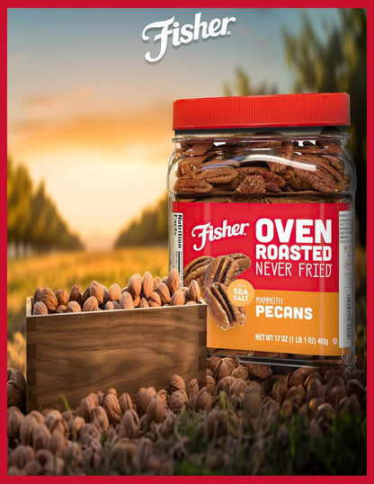 Fisher Oven Roasted Never Fried Mammoth Pecans, 17 Ounces (Pack of 1), Heart Healthy Snacks for Adults, Made with Sea Salt, No Added Oil or Artificial Ingredients , Gluten Free, Vegan Protein, Bulk