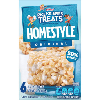 Rice Krispies Treats Homestyle Crispy Marshmallow Squares, Kids Snacks, Cereal Bars, Original, 6.98oz Box (6 Bars)