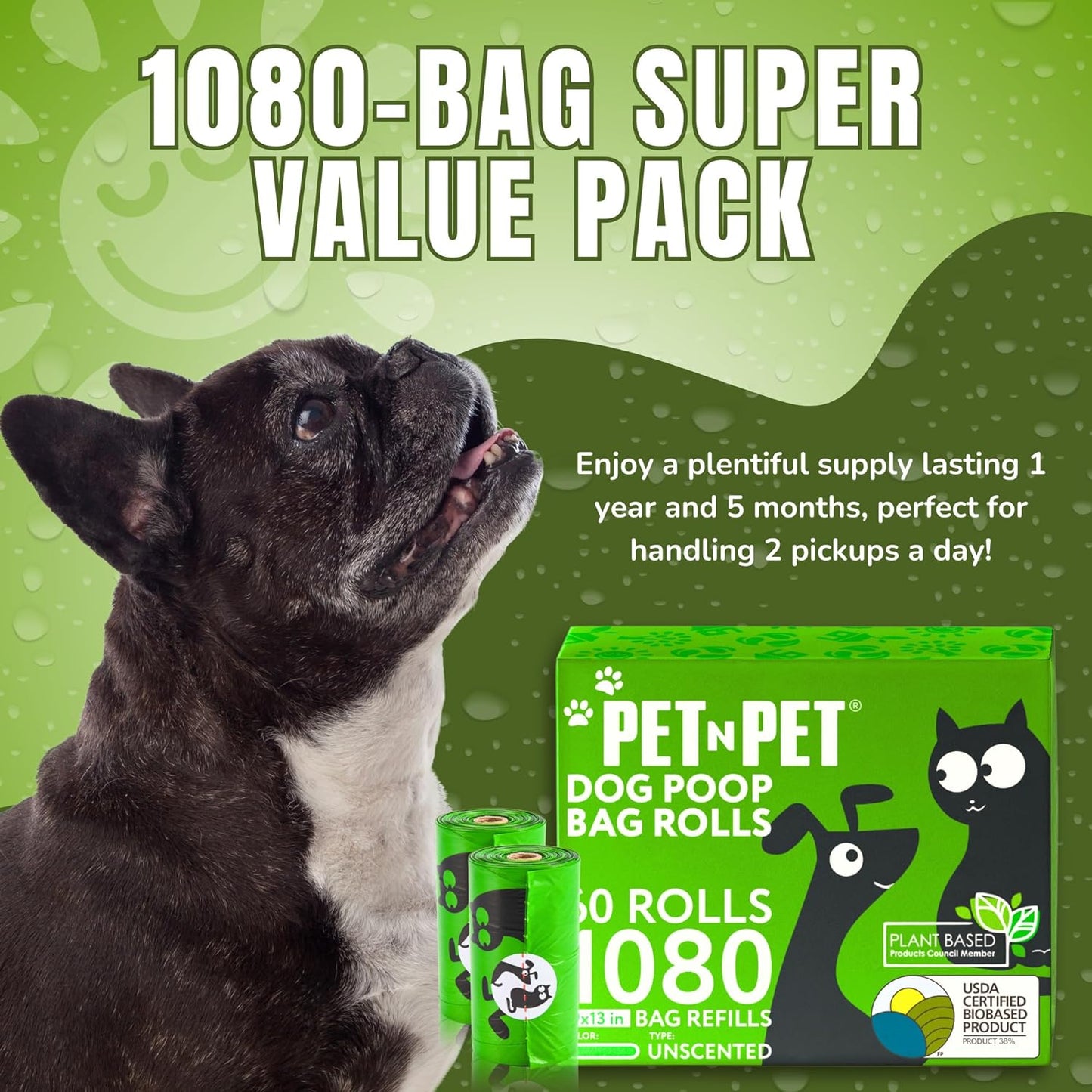 Pet N Pet 1080 Counts Green Poop Bags for Dogs, 38% Plant Based & 62% PE Extra Thick Dog Poop Bags Rolls, 9" x 13" Unscented Dog Bags for Poop, Doggie Poop Bags, Cat Poop Bags, Pet Waste Bags