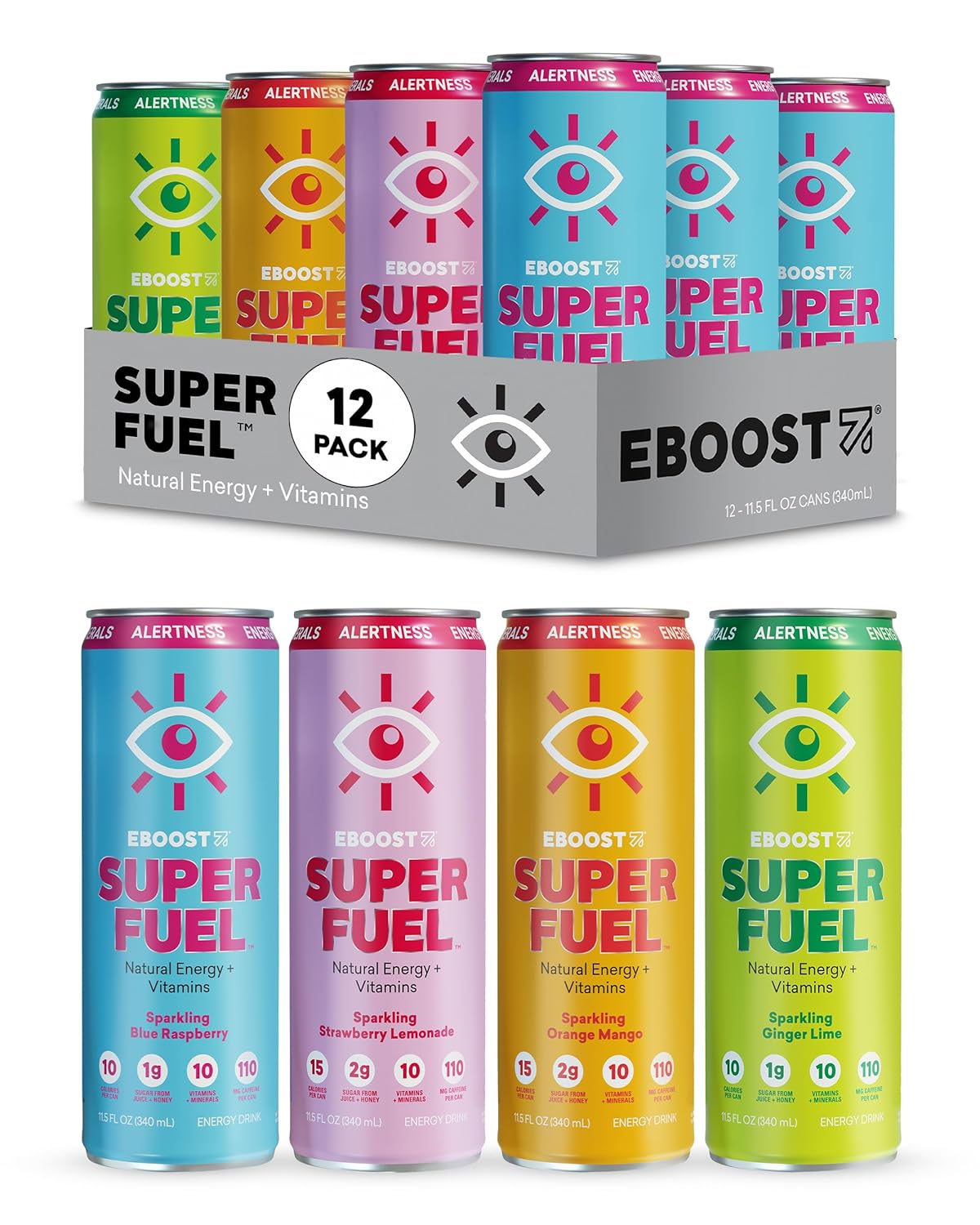 EBOOST Super Fuel Natural Energy Drink - Variety Pack, 12 Pack - 3 x Orange Mango, Strawberry Lemonade, Ginger Lime, and Blue Raspberry - Natural Caffeine from Coffee and Green Tea