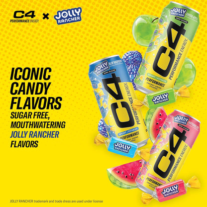 Cellucor C4 Performance Energy Drink | JOLLY RANCHER Watermelon | Zero Sugar Carbonated Preworkout Energy | 200mg Caffeine with Beta Alanine | 16 Fl Oz (12 Pack)