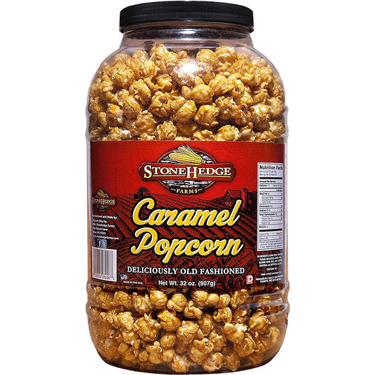Stonehedge Farms Caramel Flavored Popcorn | 32 oz Large Tub | Bulk Gourmet Deliciously Old Fashioned Popped Holiday Sweet Snacks | Made in the USA