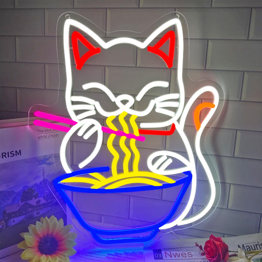 Fortune Cat Ramen Neon Sign, Dimmable Japanese Lucky Cat Noodle Ramen Led Neon Signs for Wall Decor Resturant Home Bar Kitchen Dinning Room Wall Art Decor Gifts(15.7 * 12.7in)