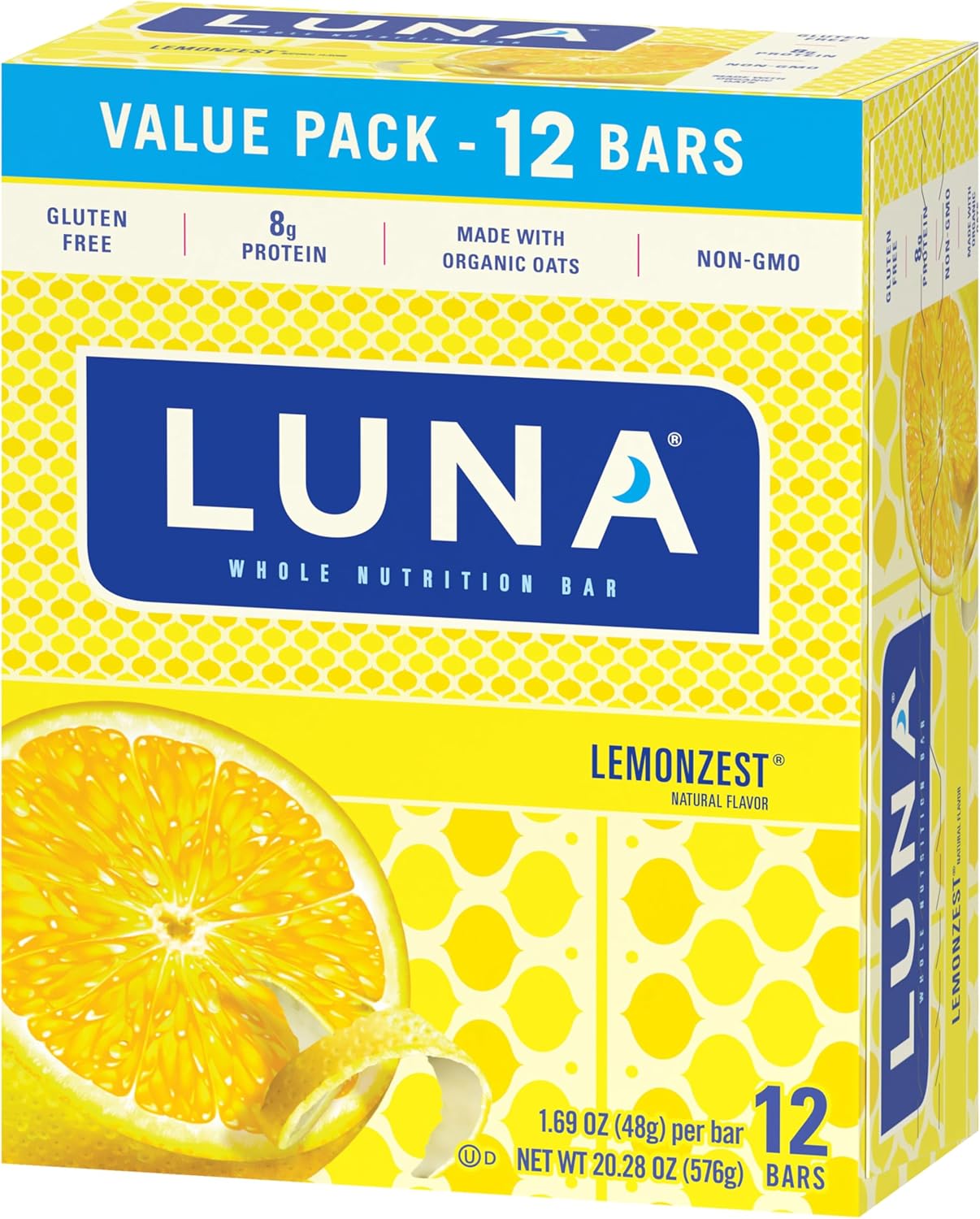LUNA Bar - LemonZest Flavor - Gluten-Free - Non-GMO - 7-9g Protein - Made with Organic Oats - Low Glycemic - Whole Nutrition Snack Bars - 1.69 oz. (12 Pack)