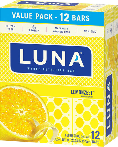 LUNA Bar - LemonZest Flavor - Gluten-Free - Non-GMO - 7-9g Protein - Made with Organic Oats - Low Glycemic - Whole Nutrition Snack Bars - 1.69 oz. (12 Pack)
