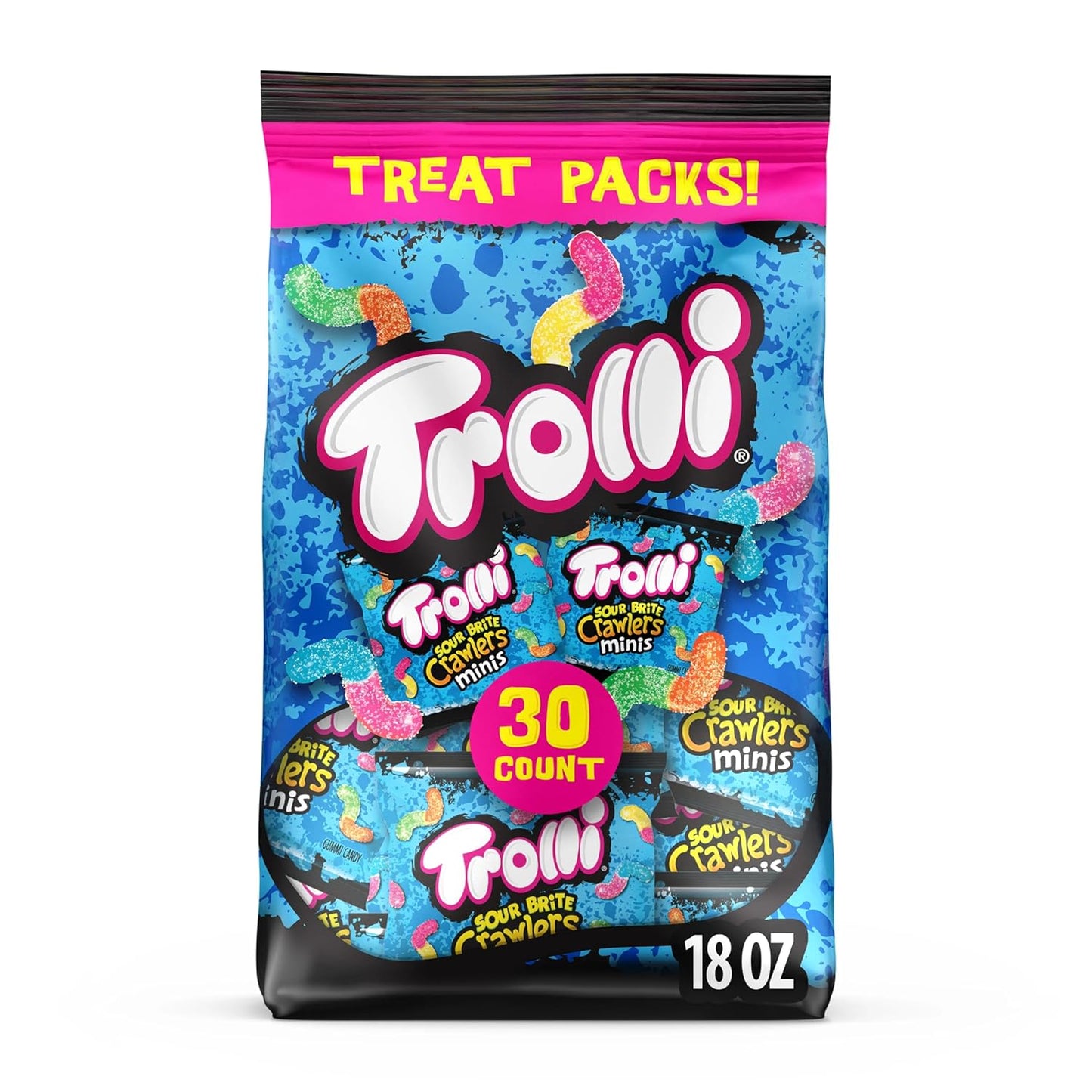 Trolli Mini Sour Brite Crawlers, Candy, Cherry-Lemon, Strawberry-Grape & Orange-Lime, Sweet and Sour, Gummy Worms, Halloween Candy Variety Pack Trick-or-Treat Assortment, 18 oz (30 ct)