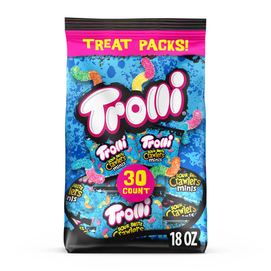 Trolli Mini Sour Brite Crawlers, Candy, Cherry-Lemon, Strawberry-Grape & Orange-Lime, Sweet and Sour, Gummy Worms, Halloween Candy Variety Pack Trick-or-Treat Assortment, 18 oz (30 ct)