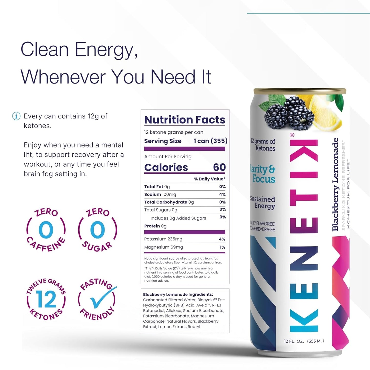 Kenetik Nootropic Ketone Drink, Ketones for Energy & Focus, Caffeine & Sugar Free, High Performance D-BHB Ketone Mix, Fuel w/Zero Crash or Jitters, Ready to Drink - Variety 12 Pk