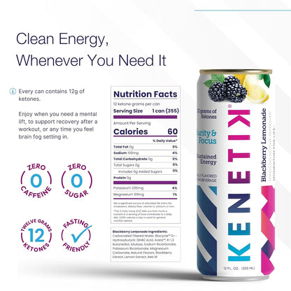 Kenetik Nootropic Ketone Drink, Ketones for Energy & Focus, Caffeine & Sugar Free, High Performance D-BHB Ketone Mix, Fuel w/Zero Crash or Jitters, Ready to Drink - Variety 12 Pk