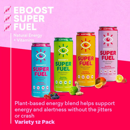 EBOOST Super Fuel Natural Energy Drink - Variety Pack, 12 Pack - 3 x Orange Mango, Strawberry Lemonade, Ginger Lime, and Blue Raspberry - Natural Caffeine from Coffee and Green Tea