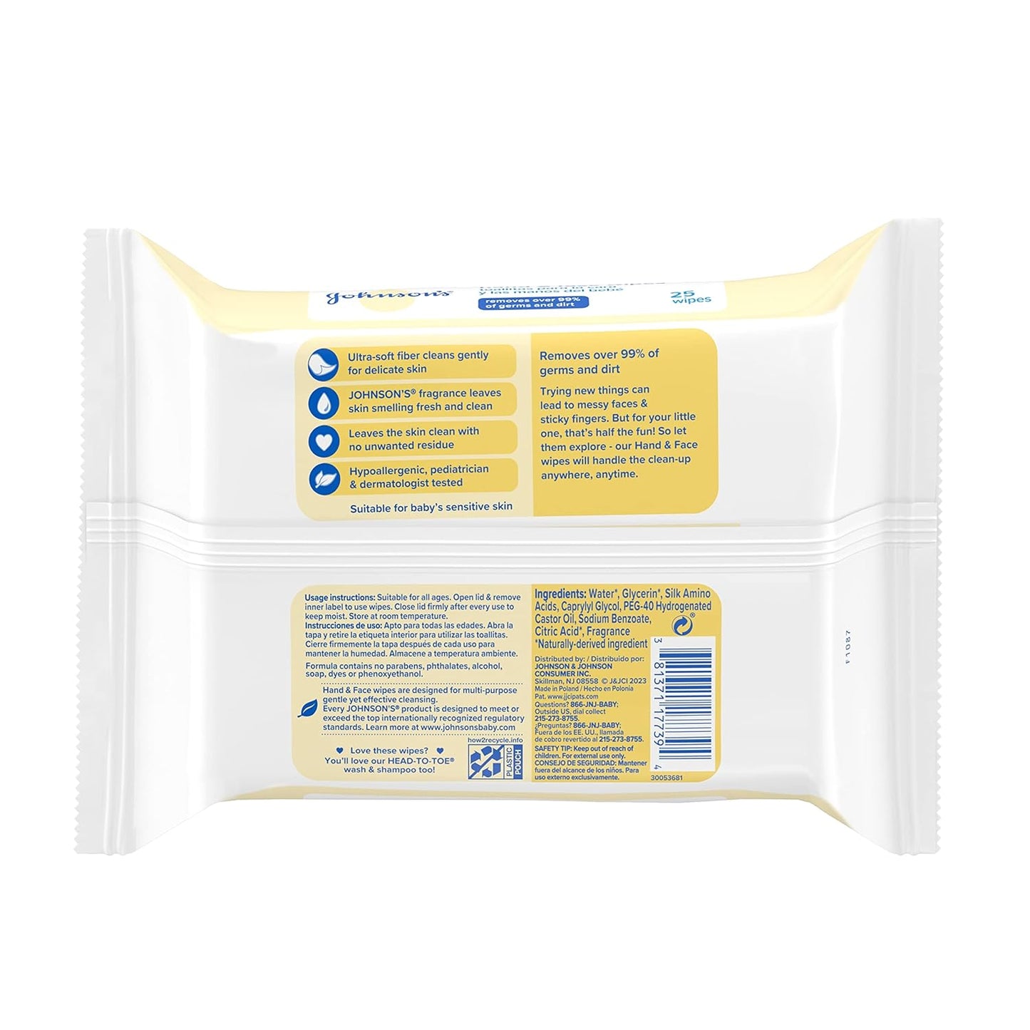 Johnson's Baby Disposable Hand & Face Cleansing Wipes, Pre-Moistened Disposable Baby Wipes Gently Remove 99% of Germs & Dirt from Delicate Skin, Hypoallergenic, 25 ct