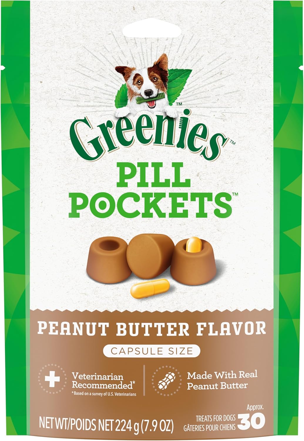 Greenies Pill Pockets for Dogs Capsule Size Natural Soft Dog Treats with Real Peanut Butter, 7.9 oz. Pack (30 Treats)