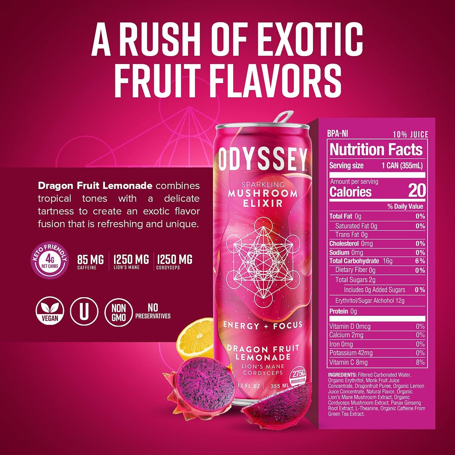 Odyssey Elixir Sparkling Adaptogen Drink, Low Calorie Drinks, L Theanine, Lions Mane, Cordyceps & Green Tea Caffeine for Energy & Focus, Non-GMO, Vegan, Dragon Fruit Lemonade Flavor, 12 Fl oz, 12 Pack