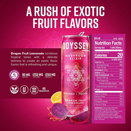 Odyssey Elixir Sparkling Adaptogen Drink, Low Calorie Drinks, L Theanine, Lions Mane, Cordyceps & Green Tea Caffeine for Energy & Focus, Non-GMO, Vegan, Dragon Fruit Lemonade Flavor, 12 Fl oz, 12 Pack