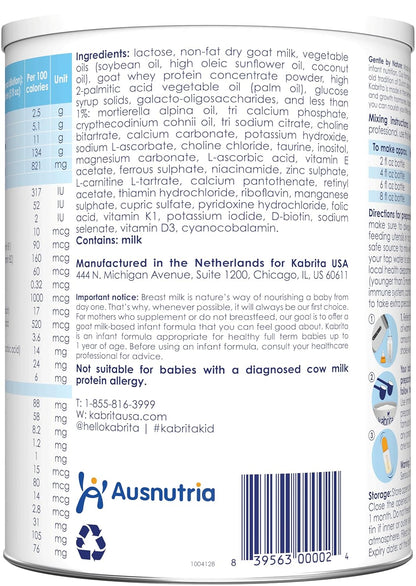 Kabrita Goat Milk Infant Formula - Easy to Digest Baby Formula 0-12 Months - Contains Prebiotics, Iron, DHA, Non-GMO - Gentle on Sensitive Tummies - Formula Supporting Gut Health & Sleep - 28Oz