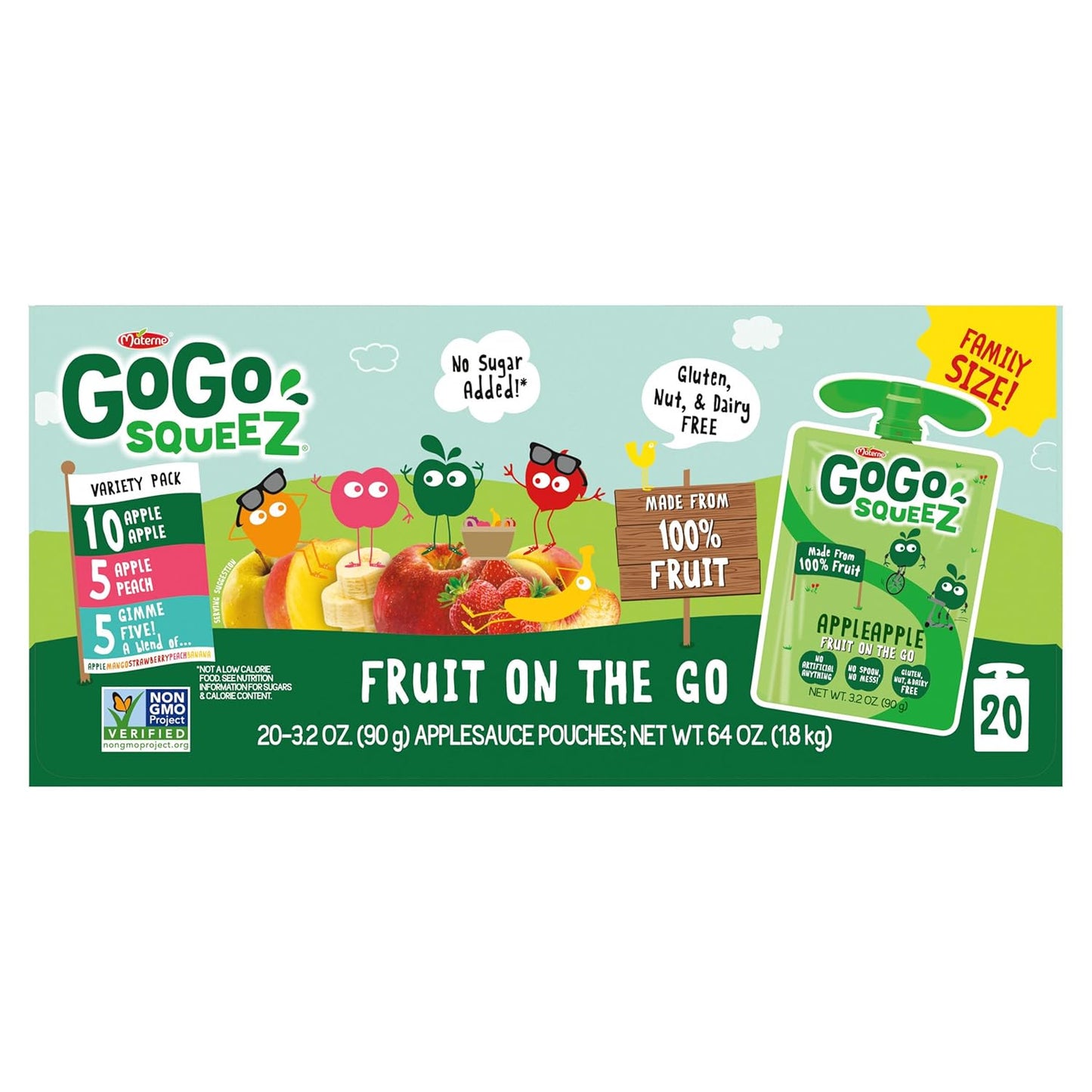 GoGo squeeZ Fruit on the Go Variety Pack, Apple, Peach & Gimme Five!, 3.2 oz (Pack of 20), Unsweetened Fruit Snacks for Kids, Gluten Free, Nut Free and Dairy Free, Recloseable Cap, BPA Free Pouches