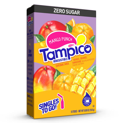 Tampico Singles To Go Drink Mix Packets, Mango Punch, Zero Sugar, Low Calorie, 100% DV of Vitamin C per Serving, Convenient, On-The-Go Water Enhancers, 6 sticks, Pack of 1