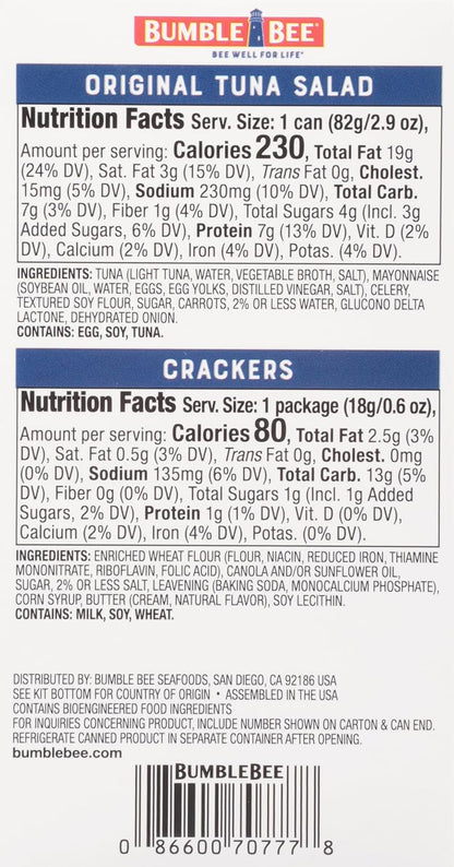 Bumble Bee Snack On The Run Tuna Salad with Crackers Kit, 3.5 oz (Pack of 3) - Ready to Eat, Spoon Included - Wild Caught Tuna - Shelf Stable & Convenient Protein Snack