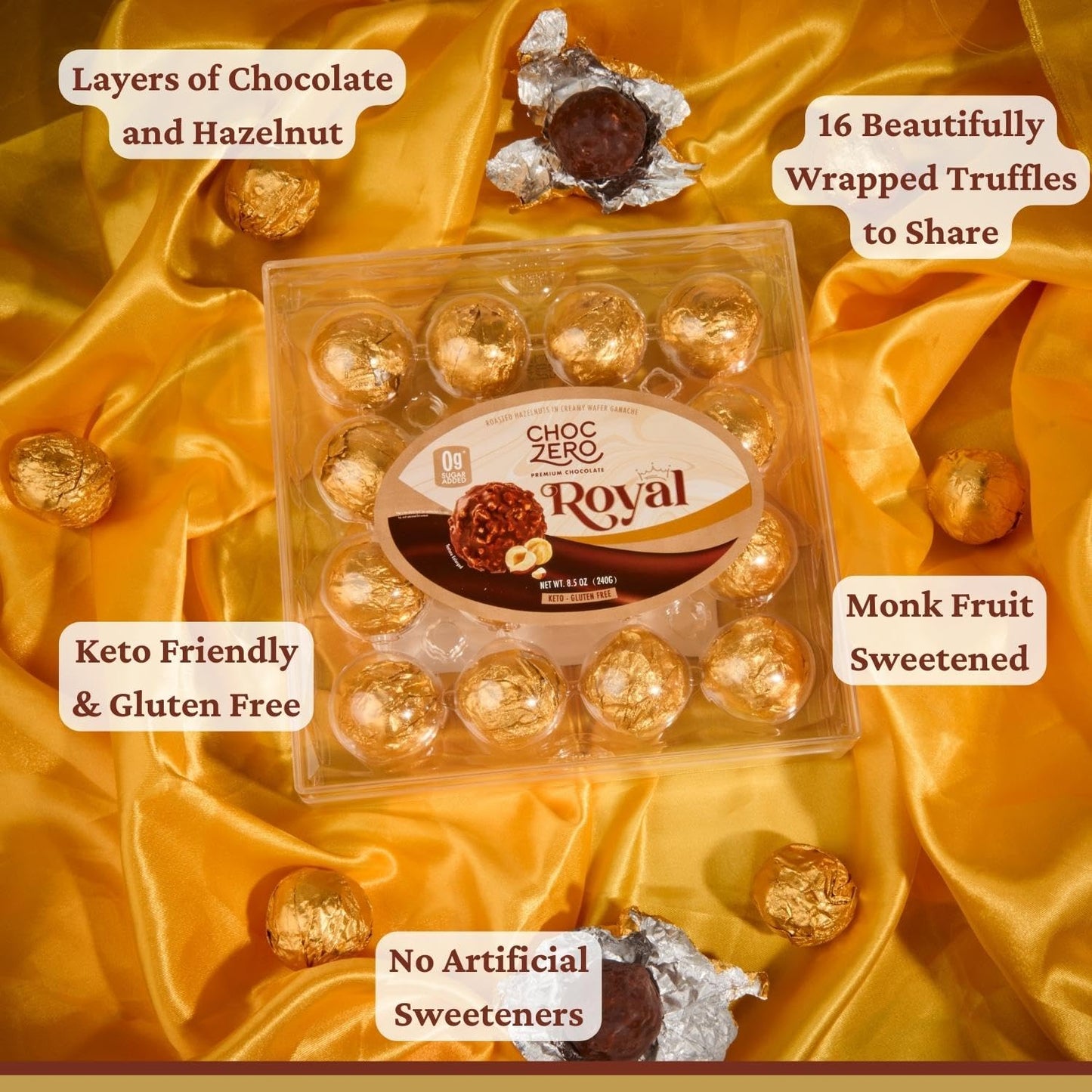 ChocZero Keto Chocolate Truffle Gift - Premium Healthy Chocolates - Low Carb Present - Zero Sugar Individually Wrapped Hazelnut Truffles - 16 Truffles, 8.5 Ounces Total