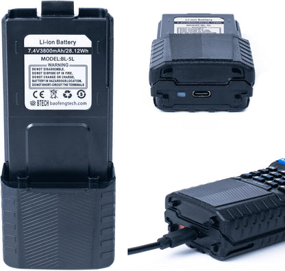 BTECH BL-5L 3800mAh USB-C Charging Li-ion Battery Pack, High Capacity Extended Battery for UV-5X3, BF-F8HP, and BaoFeng UV-5R Series Radios (BL-5 Battery Series)