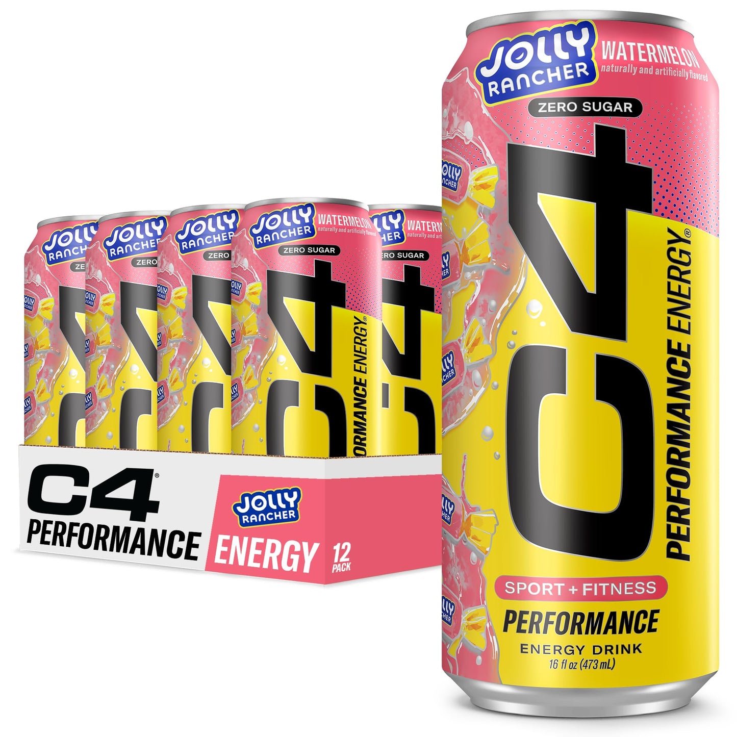 Cellucor C4 Performance Energy Drink | JOLLY RANCHER Watermelon | Zero Sugar Carbonated Preworkout Energy | 200mg Caffeine with Beta Alanine | 16 Fl Oz (12 Pack)