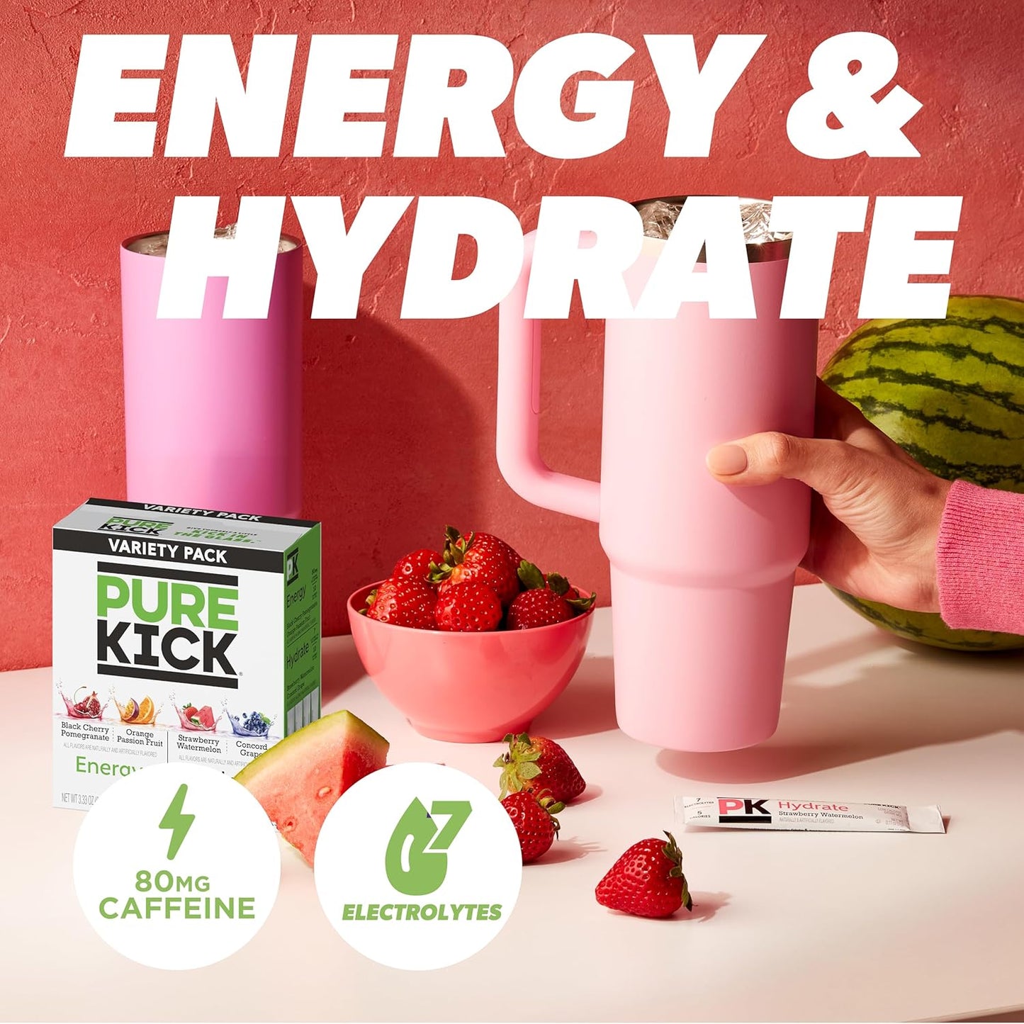 PURE KICK Energy and Hydrate Singles To Go Drink Mix Variety Pack, Black cherry Pomegranate, Orange Passion Fruit, Strawberry watermelon and Concord Grape, 40 Count (Pack - 1)