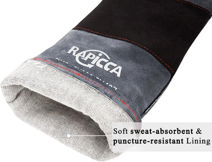 RAPICCA Animal Handling Gloves Bite Proof Double Leather Reinforced Padding Dog,Cat Scratch,Bird Handling Falconry Gloves Grabbing Reptile Squirrel Snake Bite 16in Grey-Black