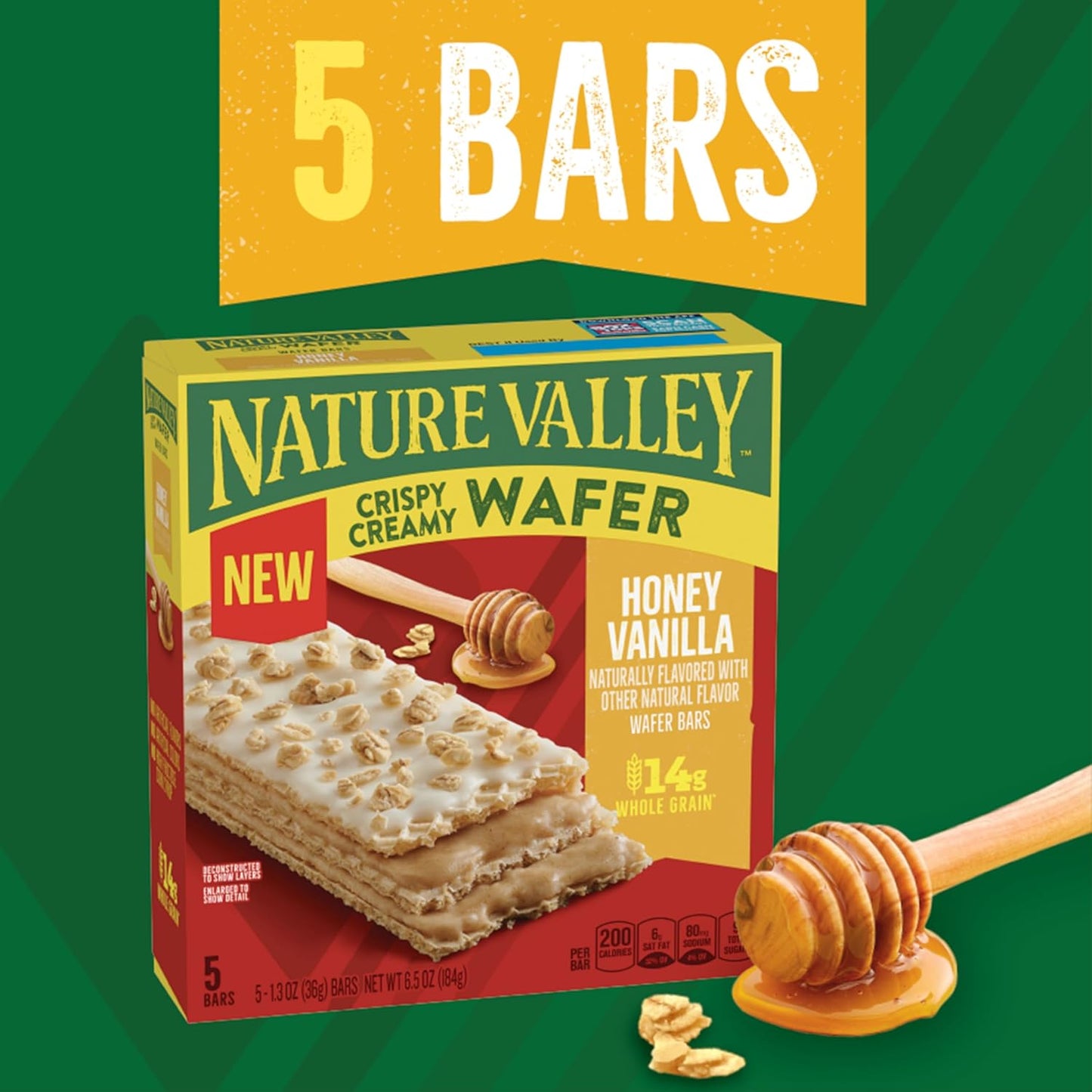 Nature Valley Crispy Creamy Wafer Bars, Honey Vanilla Flavored Snacks, Made with Whole Grain, 5 Bars, 6.5 OZ