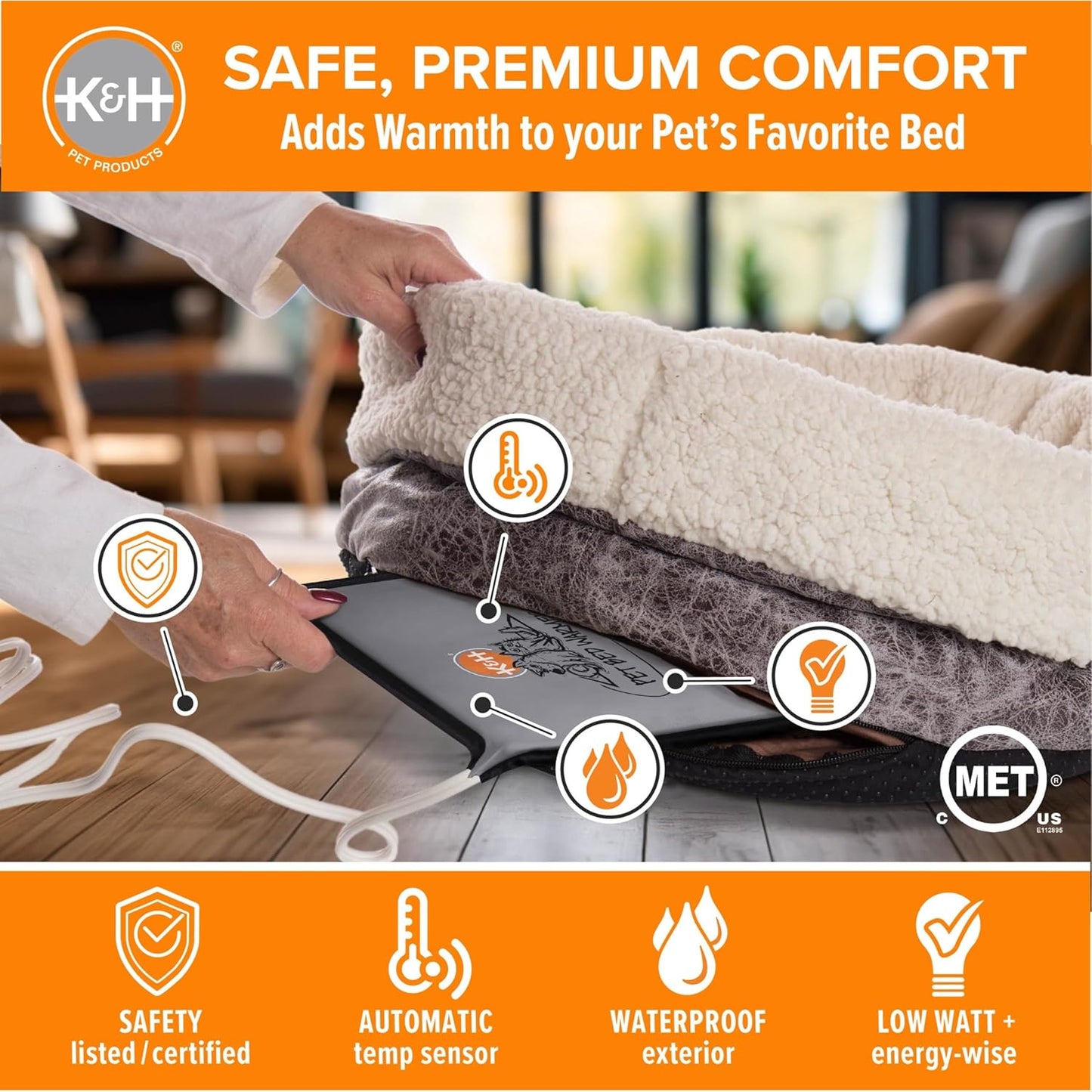 K&H Pet Products Pet Bed Warmer, Turn Any Cat or Dog Bed Into a Heated Cat or Dog Bed, Waterproof Heated Pad to Insert Inside Indoor Cat and Dog Beds - Gray Large