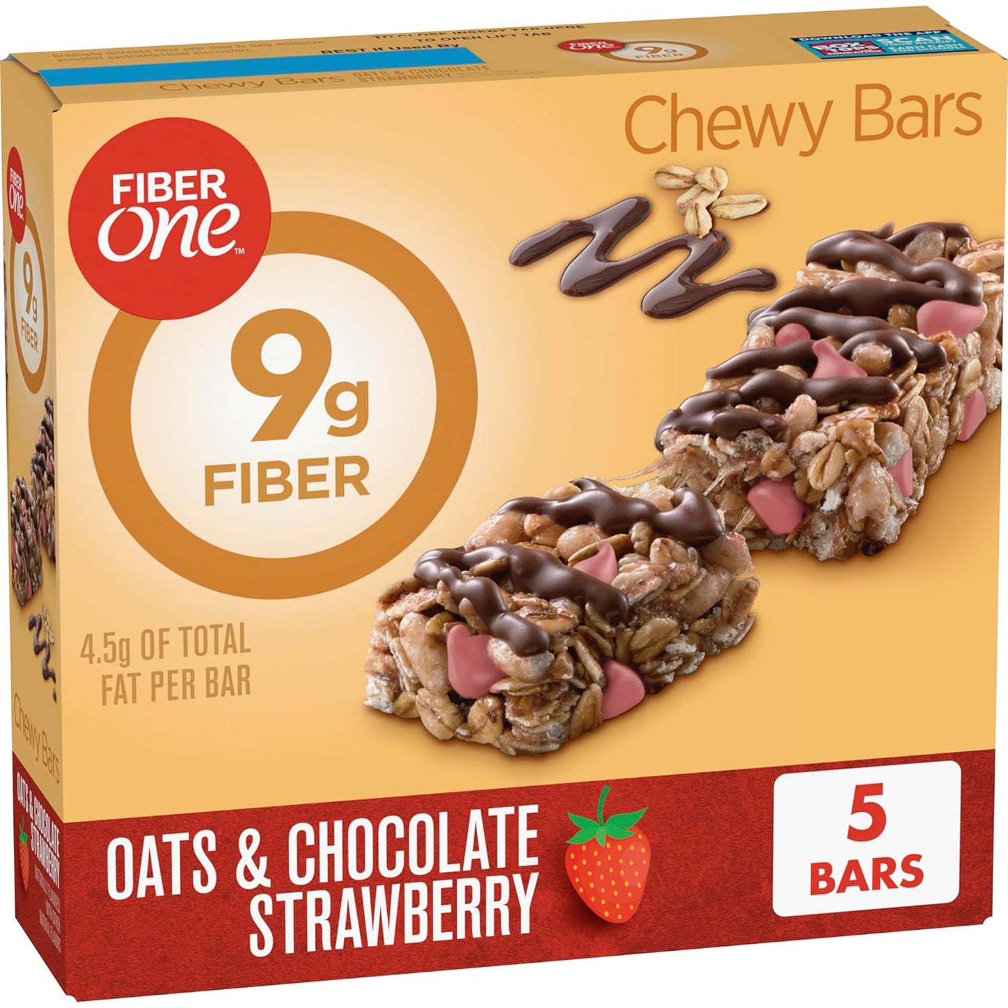 Fiber One Chewy Bars, Oats & Chocolate Strawberry Fiber Snacks, 5 Count, 7 oz