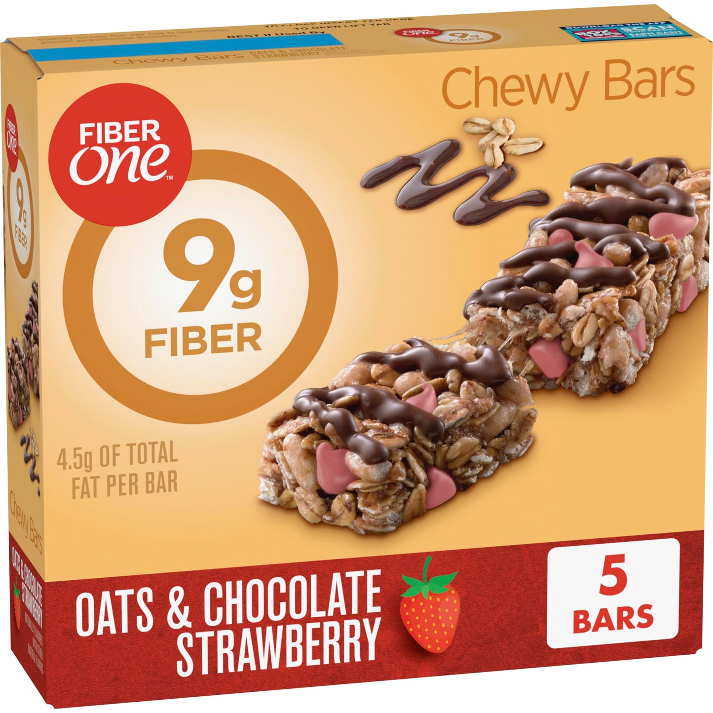 Fiber One Chewy Bars, Oats & Chocolate Strawberry Fiber Snacks, 5 Count, 7 oz