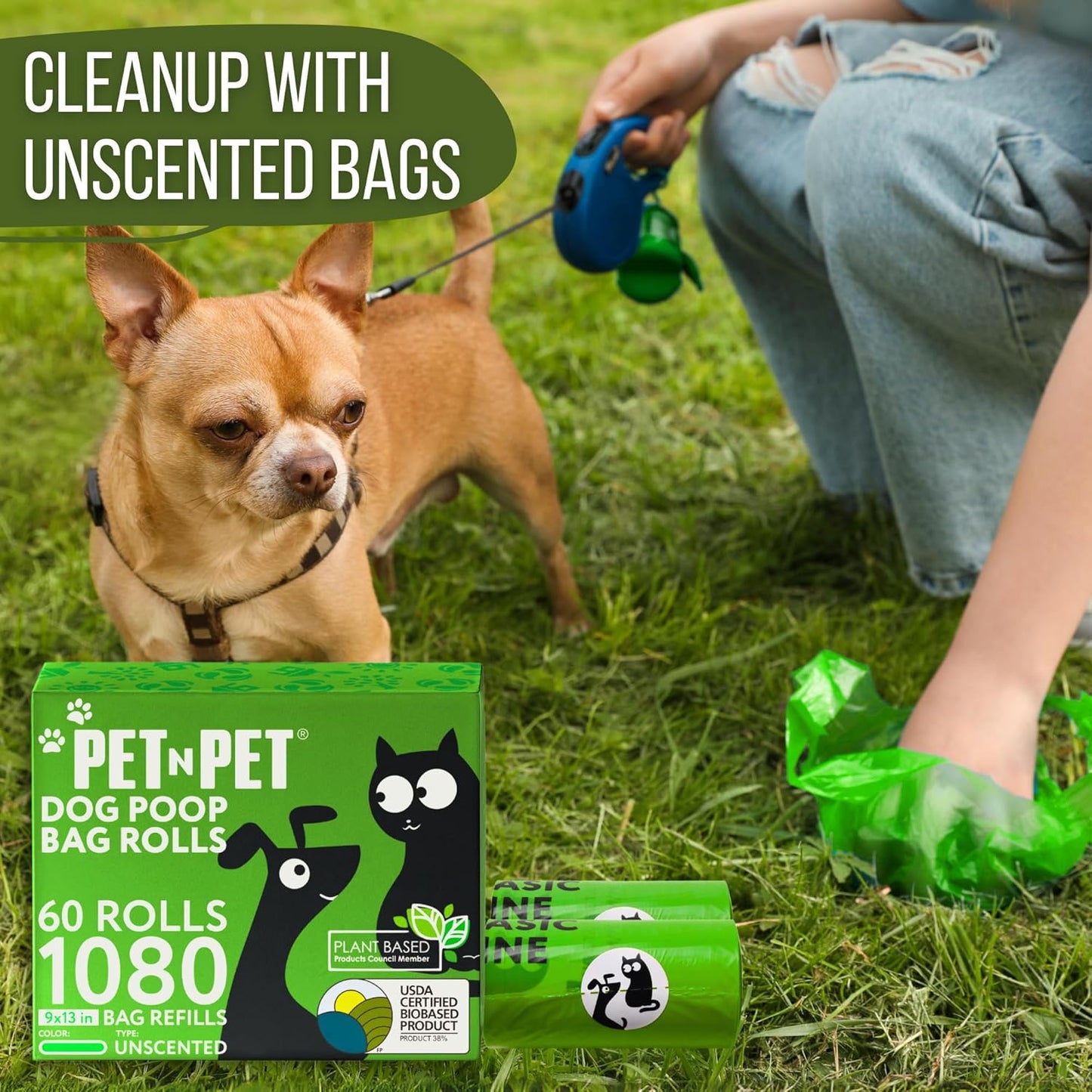 Pet N Pet 1080 Counts Green Poop Bags for Dogs, 38% Plant Based & 62% PE Extra Thick Dog Poop Bags Rolls, 9" x 13" Unscented Dog Bags for Poop, Doggie Poop Bags, Cat Poop Bags, Pet Waste Bags