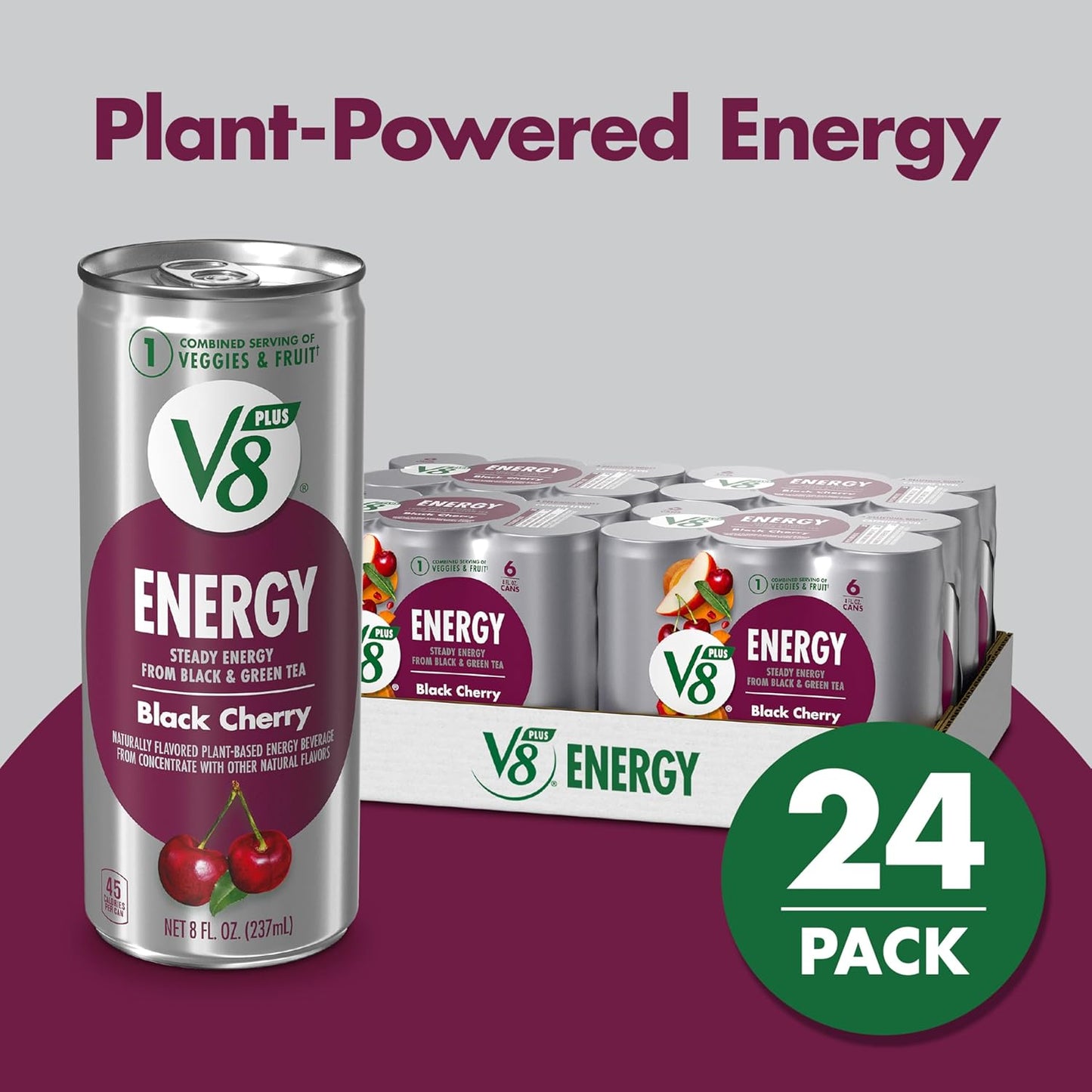 V8 +Energy Black Cherry Juice Energy Drink, 8 fl oz Can (24 Pack)