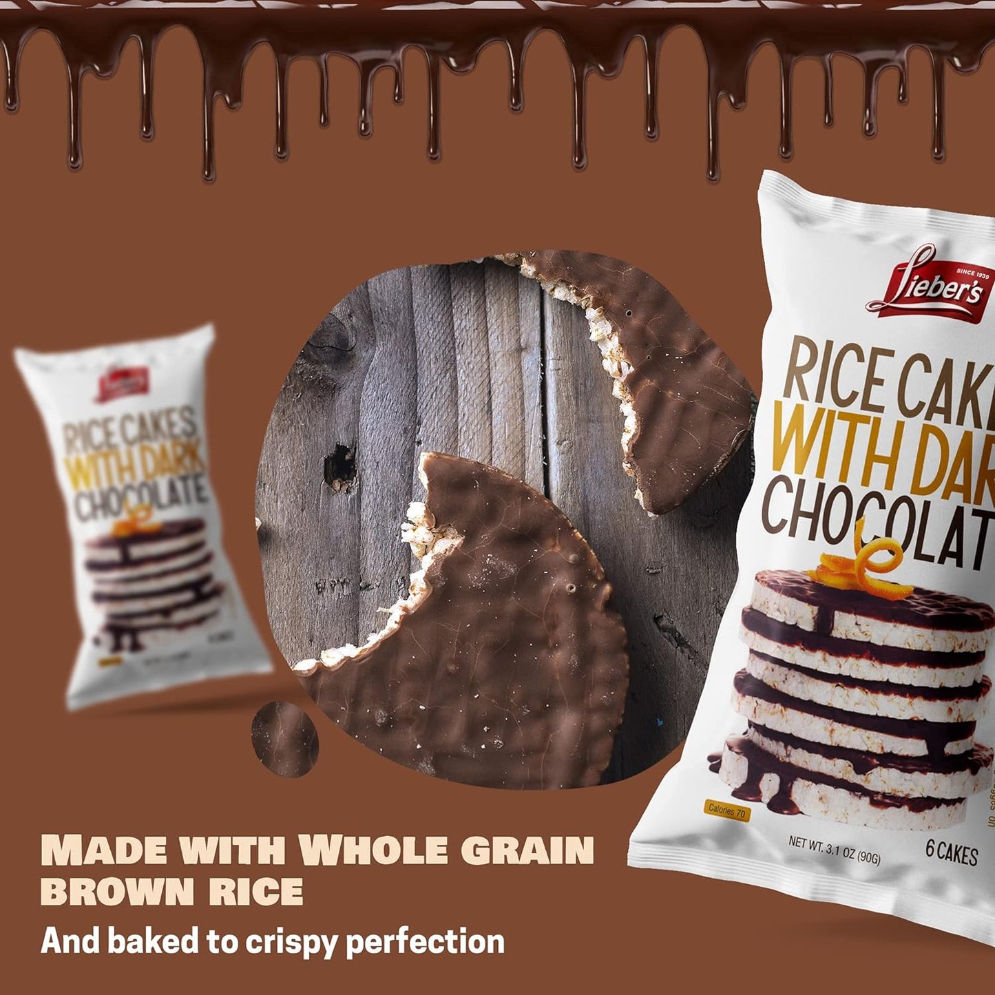 LIEBERS Dark Chocolate Rice Cakes, Kosher Certified Dairy Free, Gluten Free Snack (Dark Chocolate) Pack Of 3