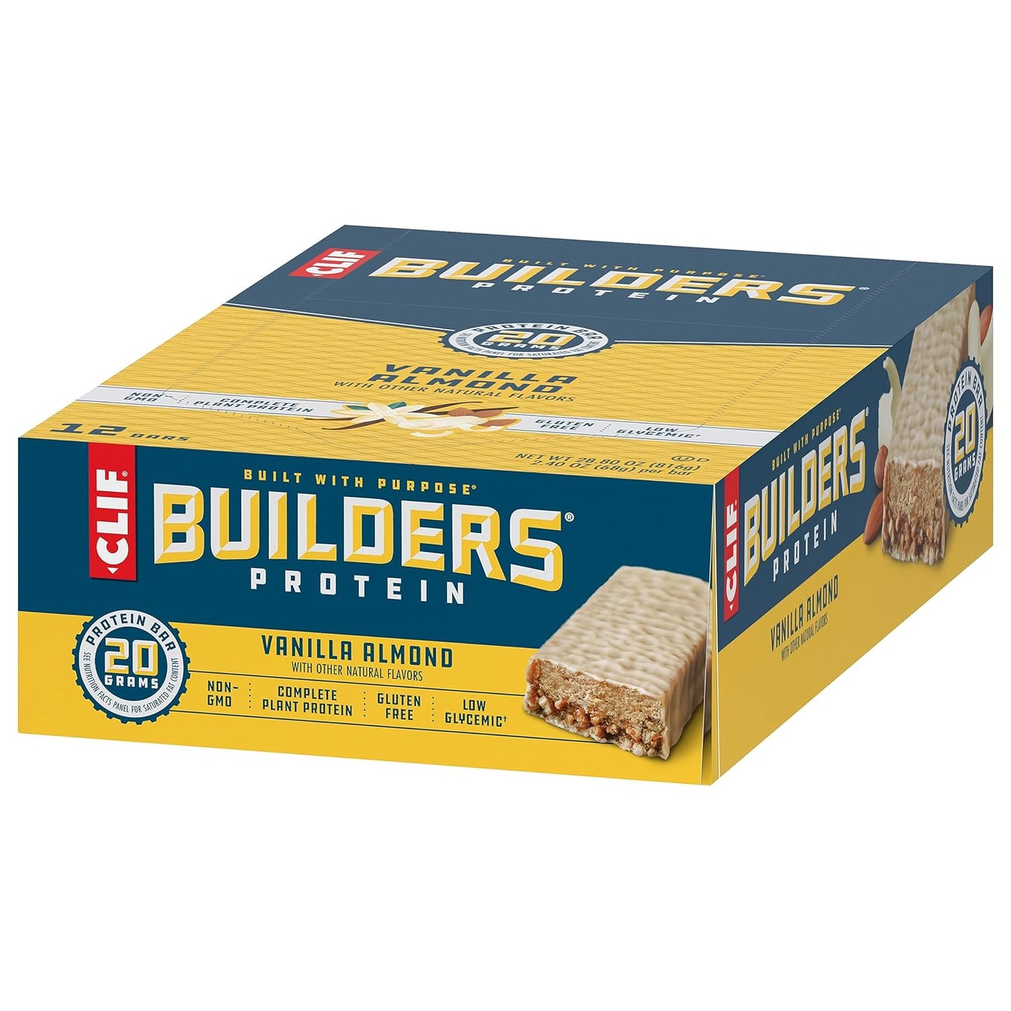CLIF Builders - Vanilla Almond Flavor - Plant Based Protein Bars - Gluten Free - Non-GMO - Low Glycemic - 20g Protein - 2.4 oz. (12 Count)