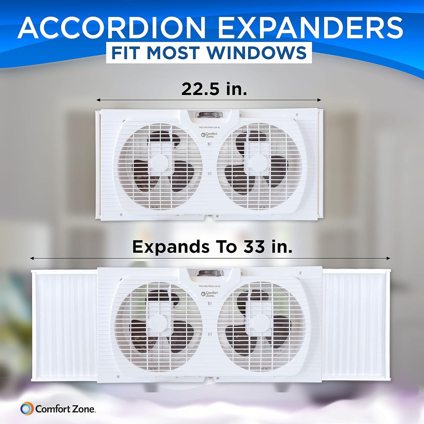 Comfort Zone Twin Window Fan with Quiet Setting, Reversible Airflow Control, 9 inch, 3-Speeds, Expandable, Exhaust, Dual Fan, Airflow 9.84 ft/sec, Ideal for Home, Kitchen, Bedroom & Office, CZ319WT2