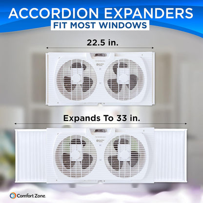 Comfort Zone Twin Window Fan with Quiet Setting, Reversible Airflow Control, 9 inch, 3-Speeds, Expandable, Exhaust, Dual Fan, Airflow 9.84 ft/sec, Ideal for Home, Kitchen, Bedroom & Office, CZ319WT2