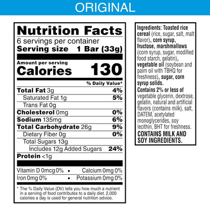 Rice Krispies Treats Homestyle Crispy Marshmallow Squares, Kids Snacks, Cereal Bars, Original, 6.98oz Box (6 Bars)