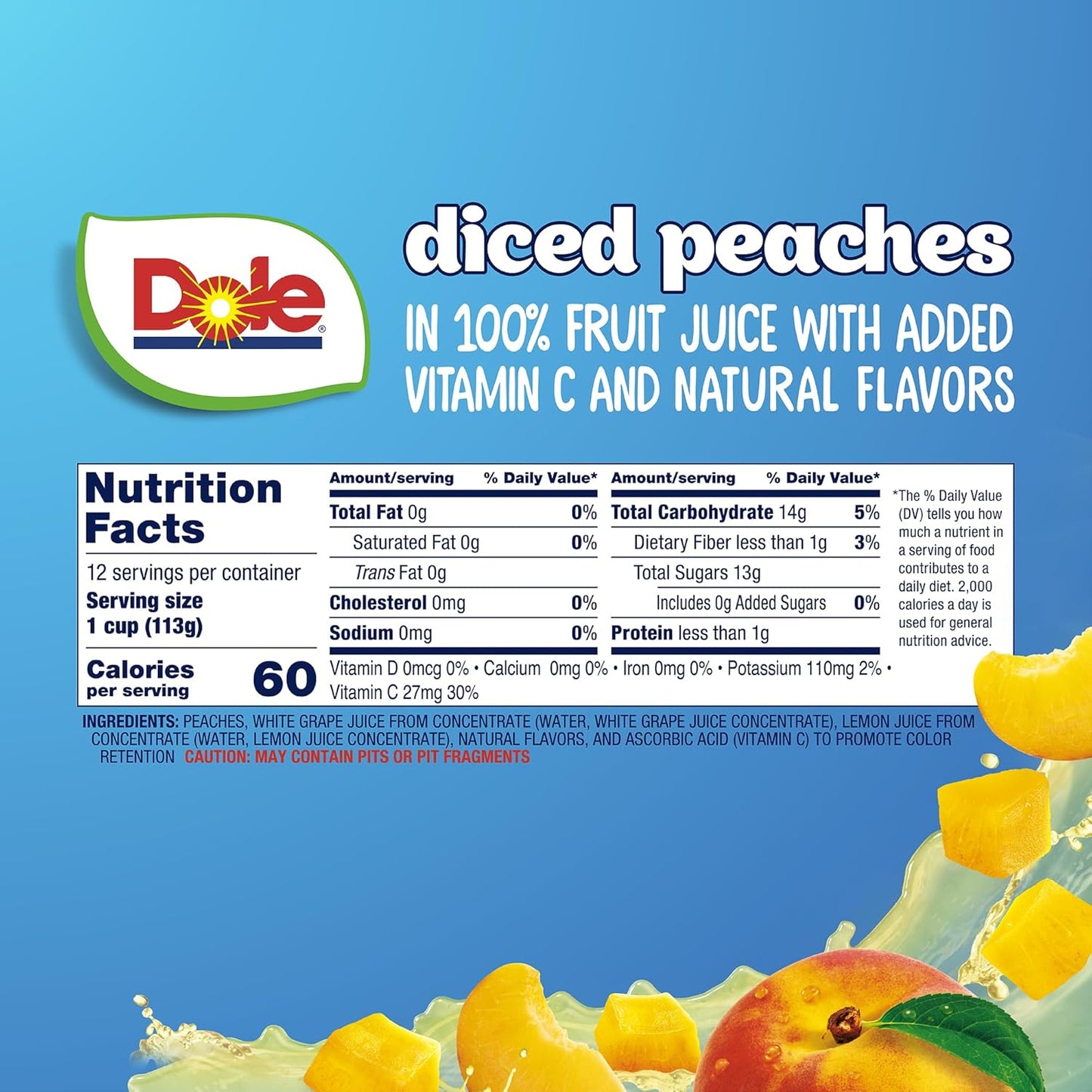 Dole Diced Peaches in 100% Juice^ - Dole Fruit Bowls Snacks - 4 oz Fruit Bowls - 12 Pack