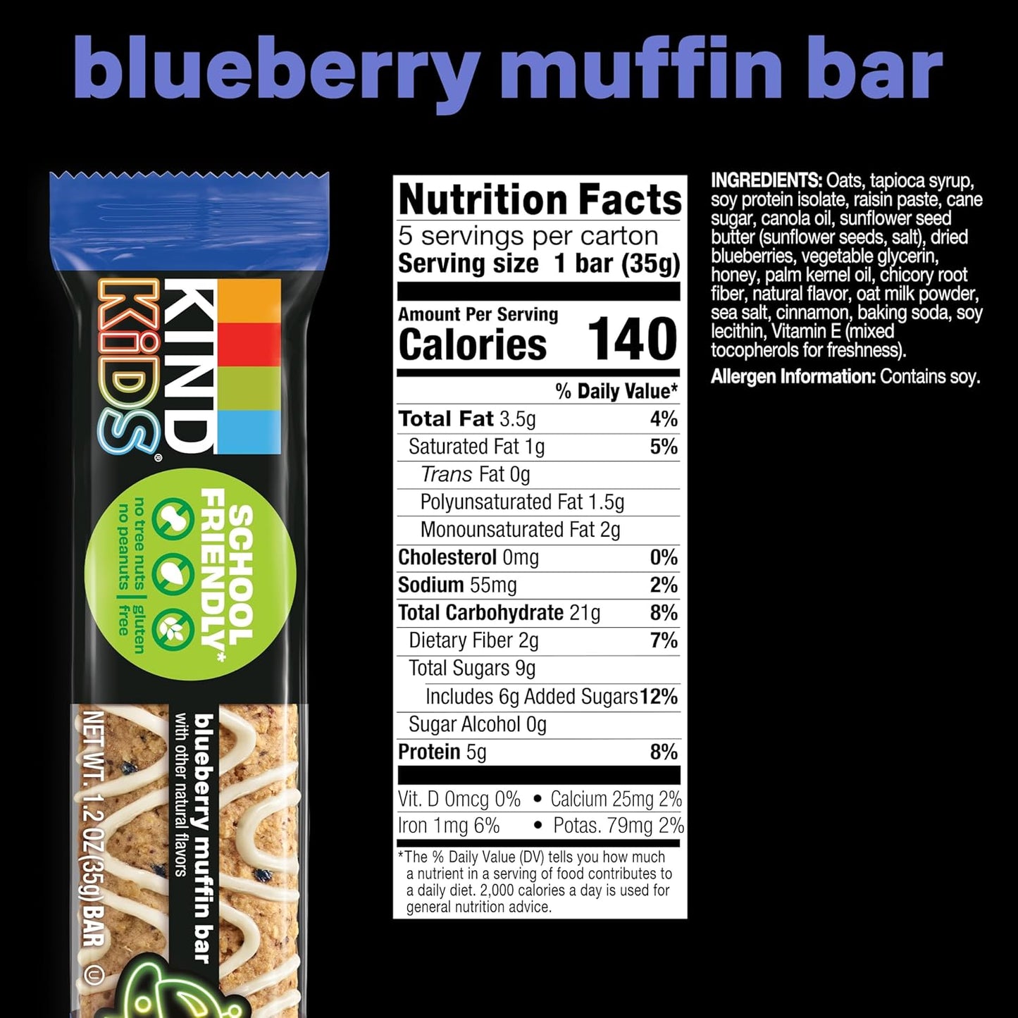 KIND Kids Snacks, Blueberry Muffin Bar, Tree Nut Free, Peanut Free, Gluten Free, Whole Grains and Oats, 5g Protein, 5 Count