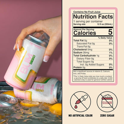 BUM Sugar-Free Energy Drink, Pink Lemonade - Lightly Carbonated & No Artificial Colors, Natural Caffeine & Citicoline for Energy & Focus, Brain Boost & Workout Sports Beverage - 12 oz, Pack of 12
