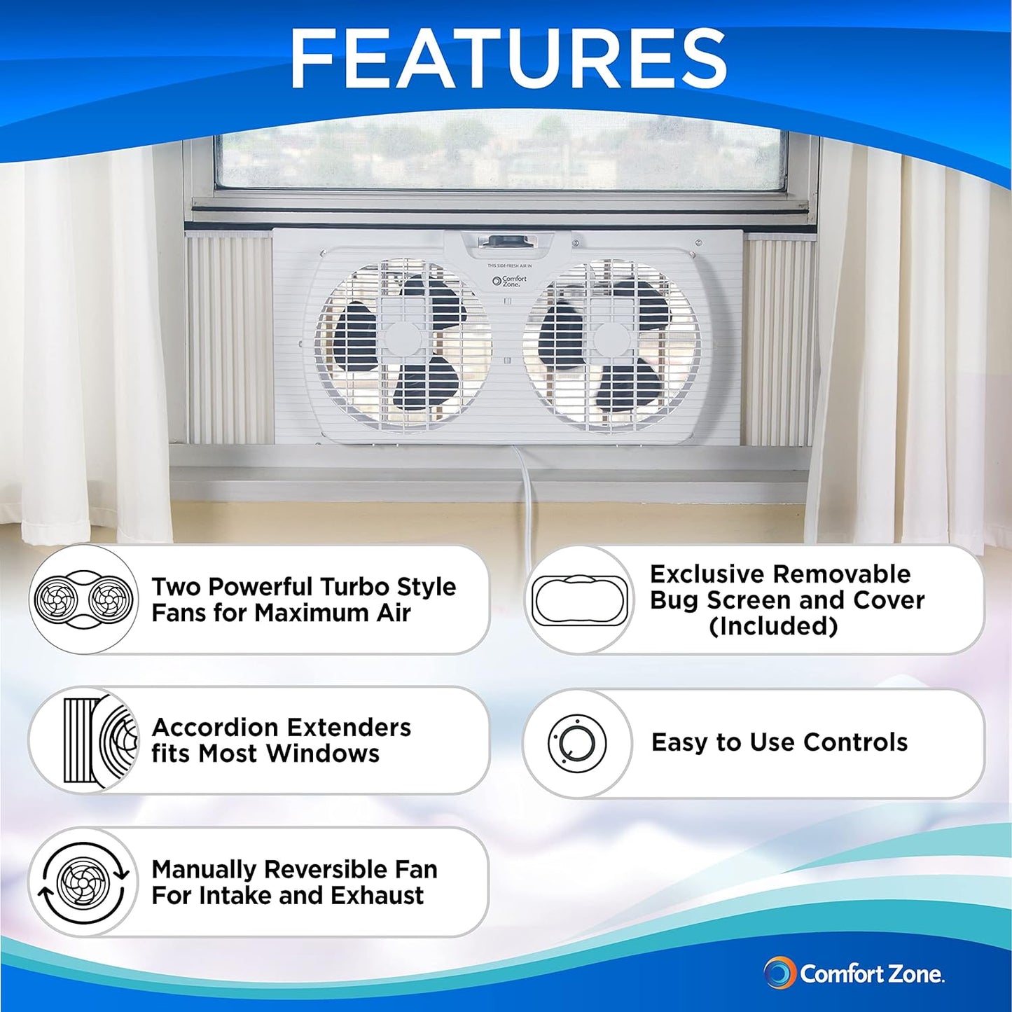 Comfort Zone Twin Window Fan with Quiet Setting, Reversible Airflow Control, 9 inch, 3-Speeds, Expandable, Exhaust, Dual Fan, Airflow 9.84 ft/sec, Ideal for Home, Kitchen, Bedroom & Office, CZ319WT2
