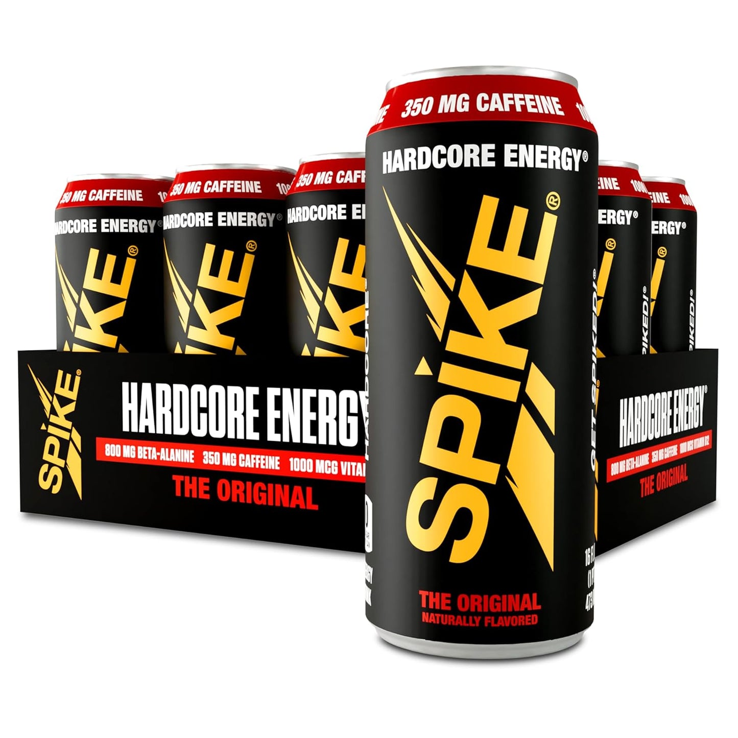SPIKE Hardcore Energy Drink - 12-Pack, Original, 16oz Cans - Performance & Focus - No Artificial Flavors or Colors - 350mg Caffeine - Zero Sugar