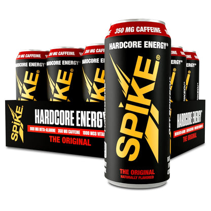 SPIKE Hardcore Energy Drink - 12-Pack, Original, 16oz Cans - Performance & Focus - No Artificial Flavors or Colors - 350mg Caffeine - Zero Sugar