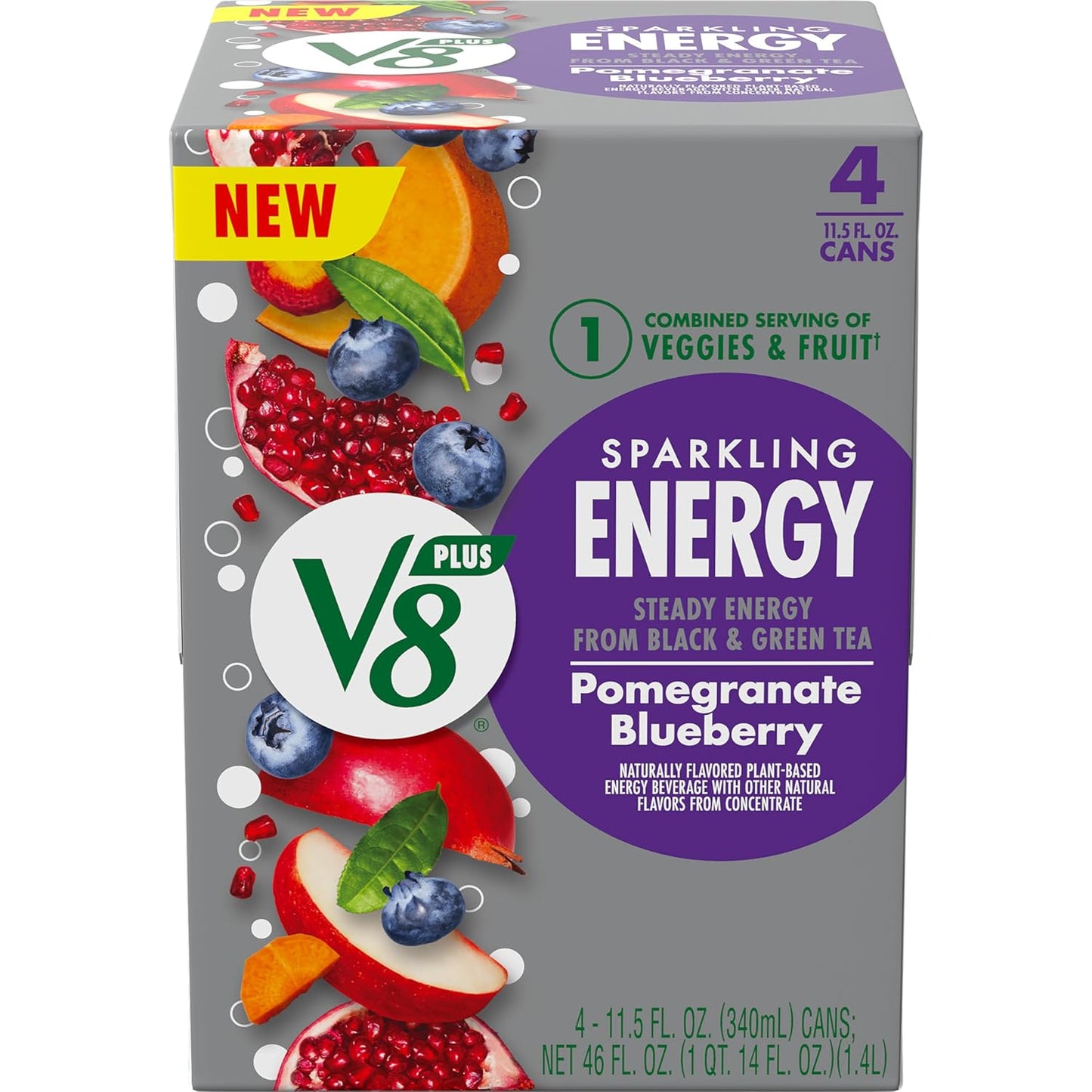 V8 +Energy Sparkling Pomegranate Blueberry Juice Energy Drink, 11.5 fl oz Can (4 Pack)