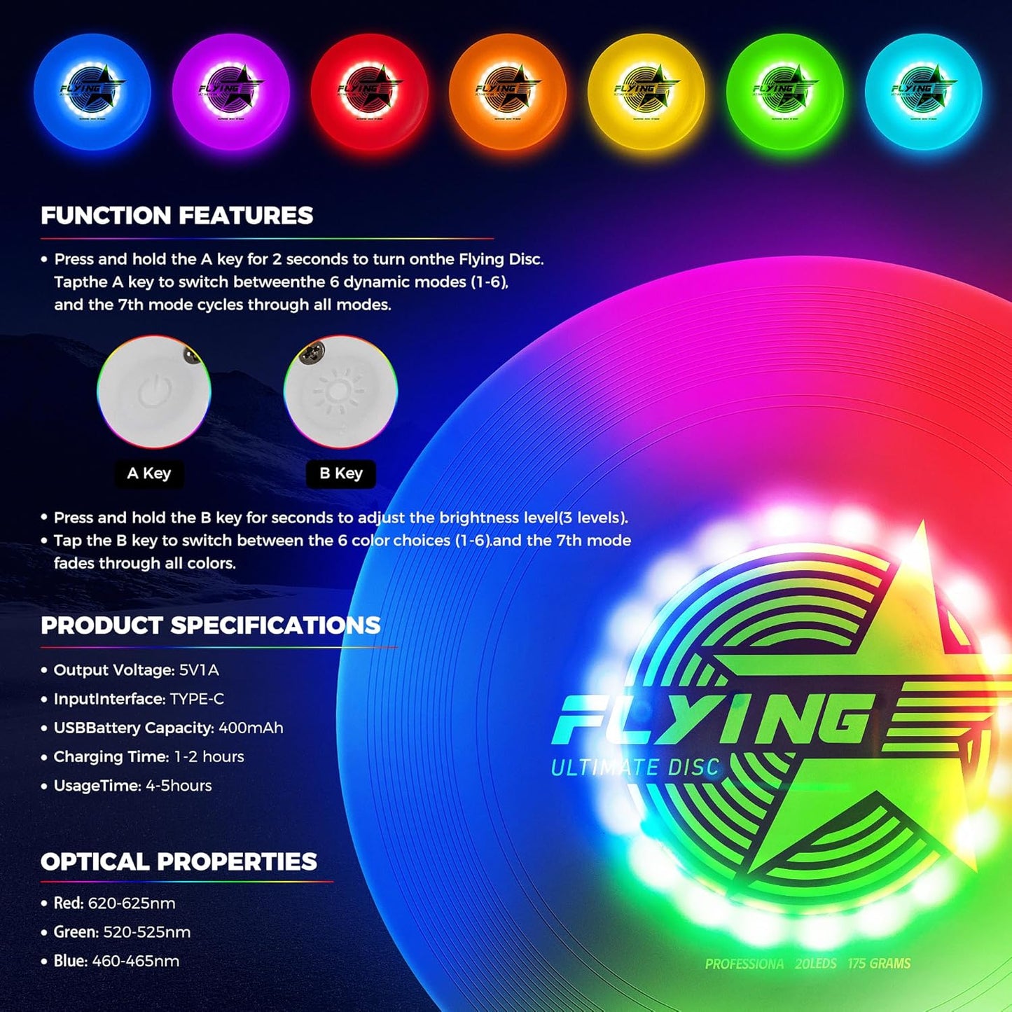 Glow in The Dark LED Flying Disc - 7 Dynamic Modes, 7 Colors, IP65 Waterproof, Perfect Birthday & Camping Gift for Men/Boys/Teens/Kids - Outdoor Games & Cool Toys, 175g