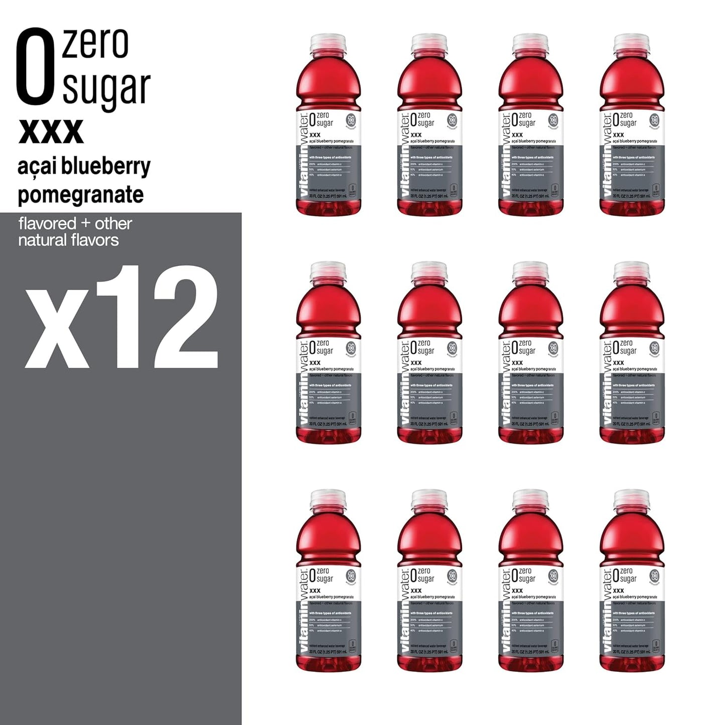 vitaminwater zero sugar xxx, electrolyte enhanced water w/vitamins, açai-blueberry-pomegranate drinks, 20 fl oz, 12 Pack