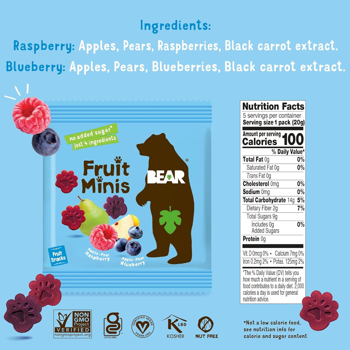 BEAR Real Fruit Snack Minis, Raspberry/Blueberry, No added Sugar, All Natural, Bite Sized Snacks for Kids, Non GMO, Gluten Free, Vegan, 0.7 Oz (Pack of 18)