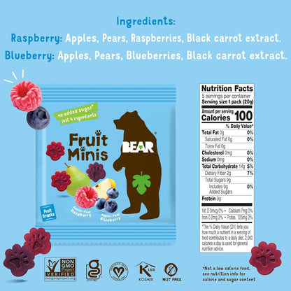 BEAR Real Fruit Snack Minis, Raspberry/Blueberry, No added Sugar, All Natural, Bite Sized Snacks for Kids, Non GMO, Gluten Free, Vegan, 0.7 Oz (Pack of 18)
